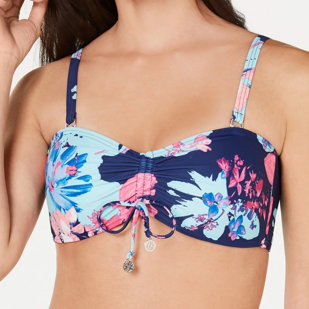 DKNY Moody Floral‎ Navy Printed Tie-Front Bikini Top